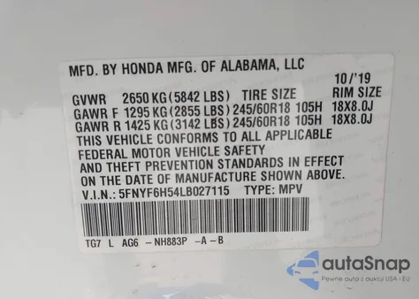 2020 Honda Pilot Awd Ex-L from USA, damaged, VIN 5FNYF6H54LB027115